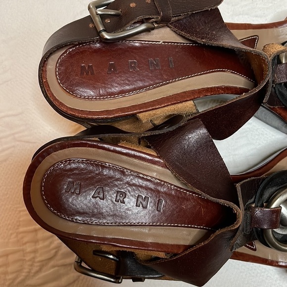 Marni T Strap Brown Leather Platform Sling Back Sandals Size EU 40 US 10 - Picture 10 of 12
